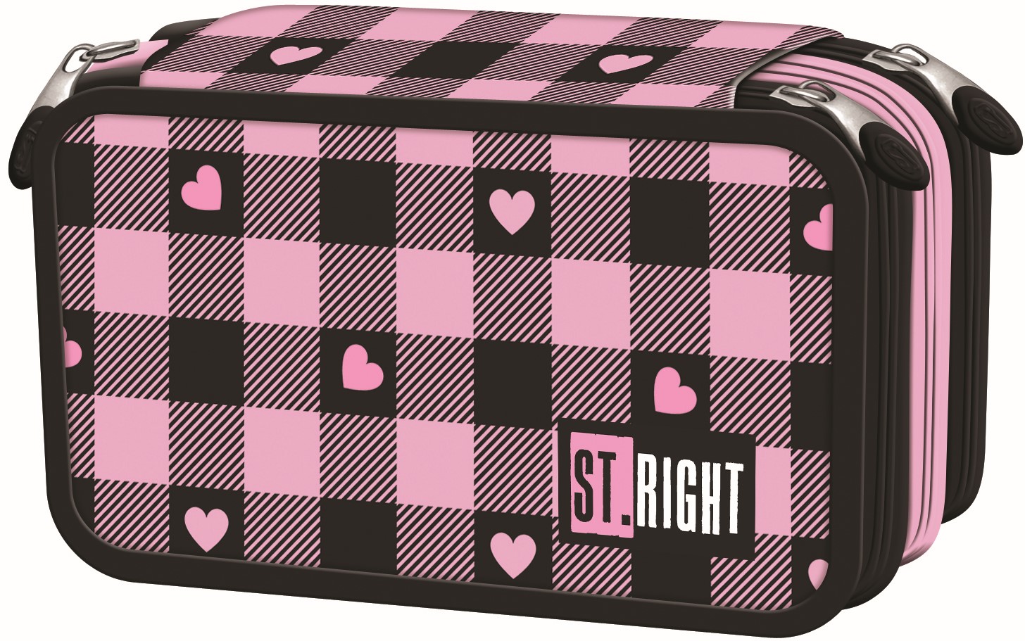 Pencil Case — Pink Checkered (3 compartments and filled)