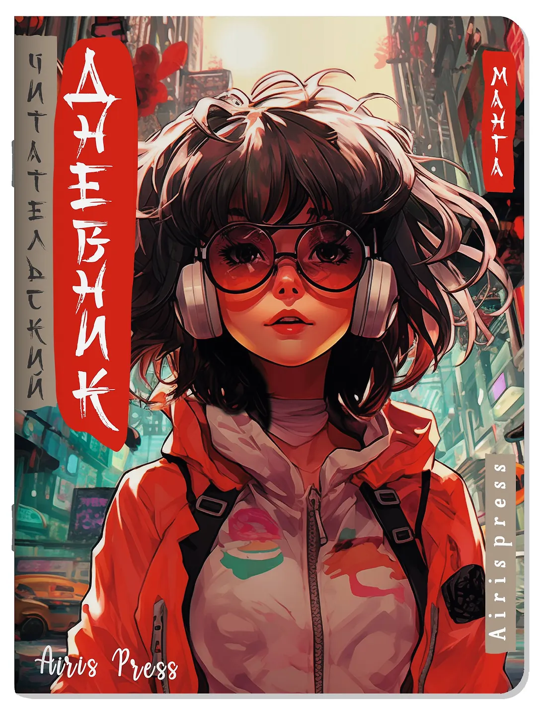 Reader's Diary in Manga Style. Girl in Headphones