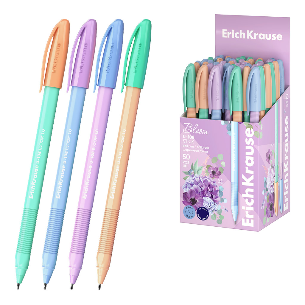 Шариковая ручка -  ErichKrause Stick Pastel Bloom, синяя, в ассортименте