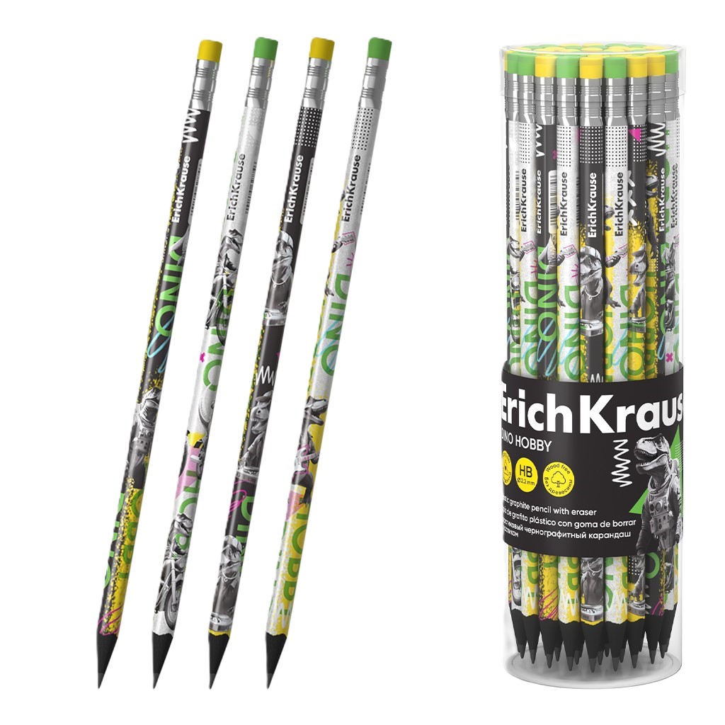 Melngrafīta zīmulis ar dzēšgumiju - HB ErichKrause Dino Hobby, dažādībā