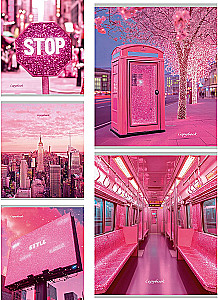 Notizbuch im Karomuster. Stadt in rosa Farbe