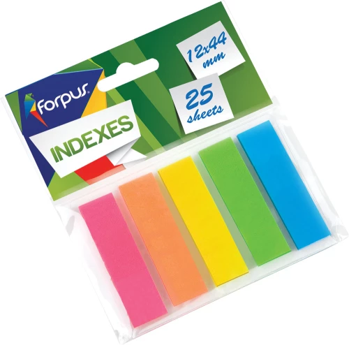 Zakładki-separator plastikowe z klejącym brzegiem Forpus, 12 × 44 mm, 25 szt. ×  5 kolorów, neon