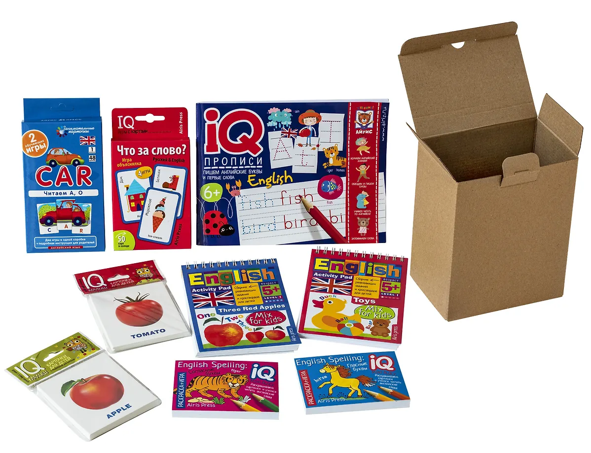Paket. Mini-Set IQ-Spiele zum Erlernen der englischen Sprache. Niveau 1