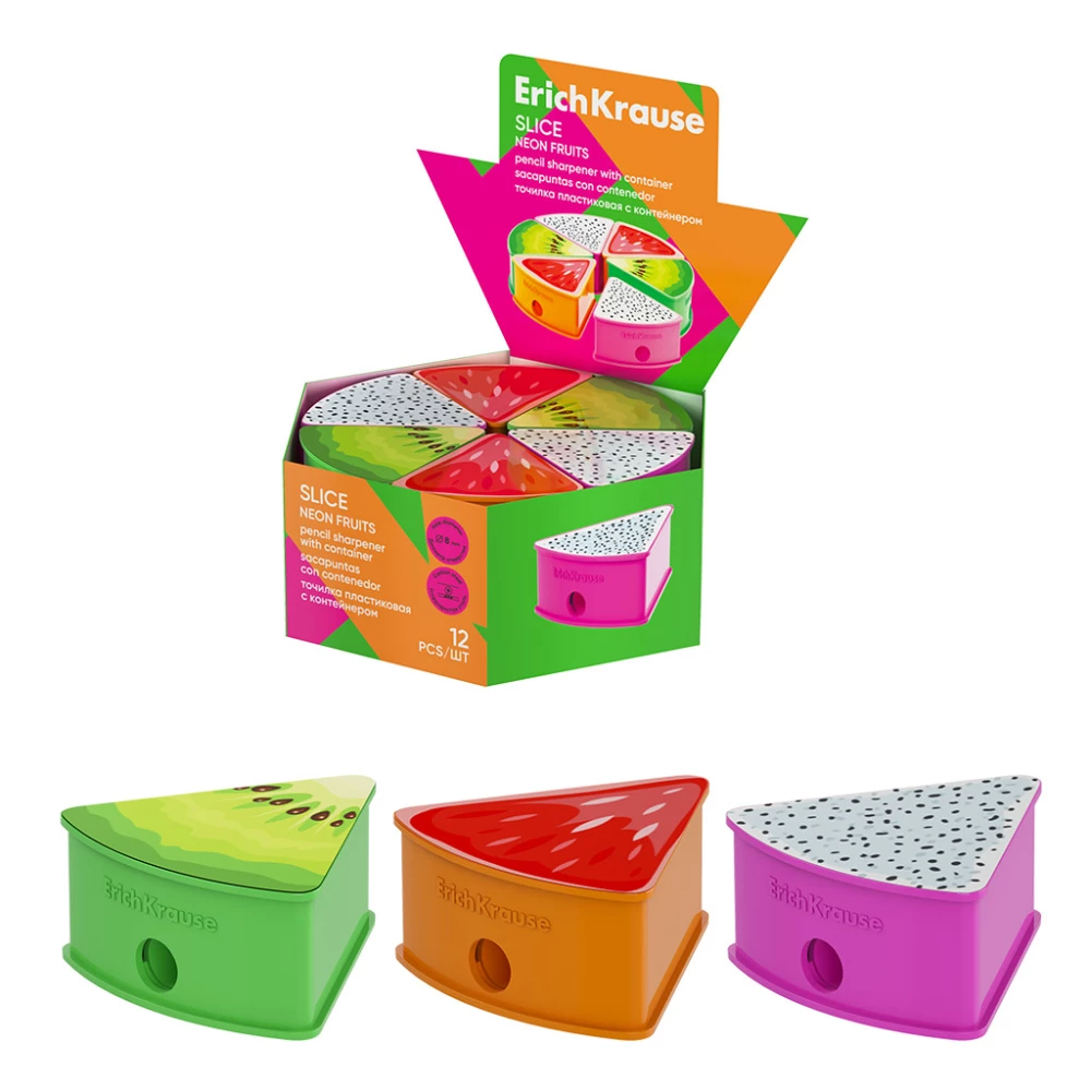 Plastikust teritaja - ErichKrause Slice, Neon Fruits, konteineriga, assortii