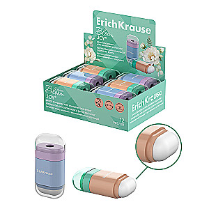 Точилка пластиковая - ErichKrause JOY®, Pastel Bloom, с контейнером и ластиком, ассорти