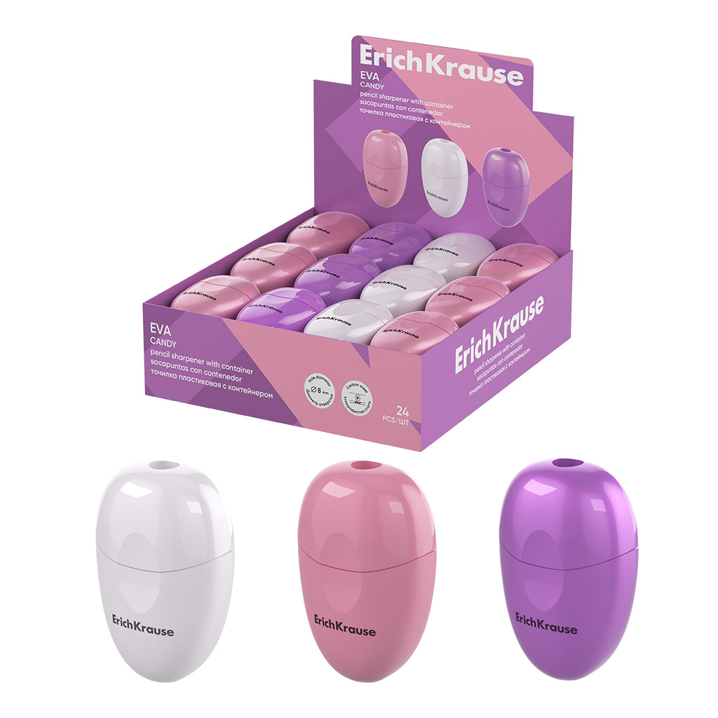 Plastic sharpener - Eva, Candy, with container, assorted