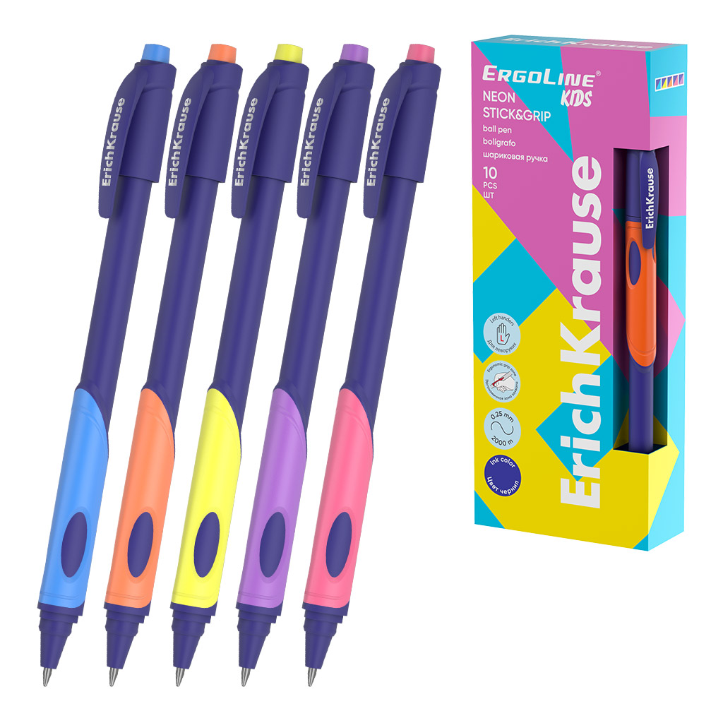 Ручка шариковая - ErgoLine® Kids для левшей Stick&Grip Neon, в ассортименте