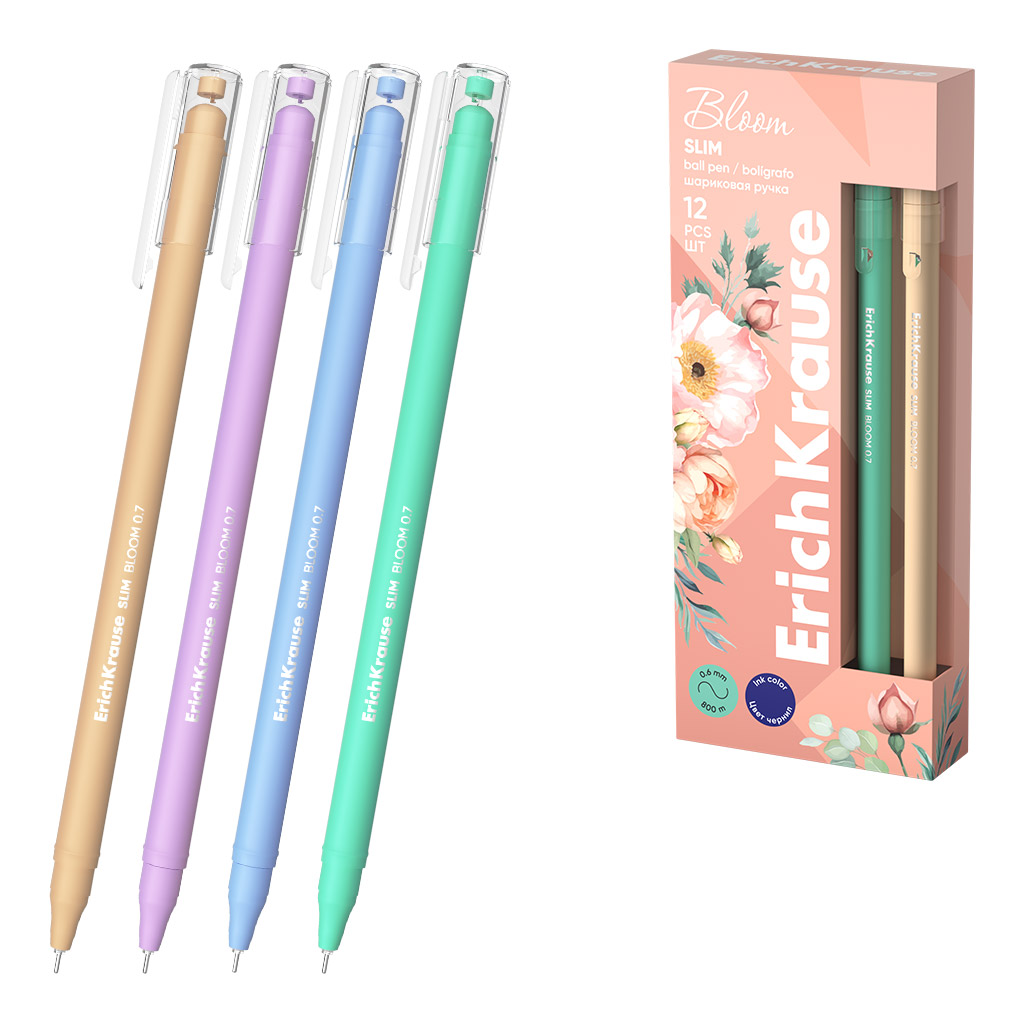 Ручка шариковая ErichKrause Slim Stick Pastel Bloom 0.7, цвет чернил синий, в ассортименте