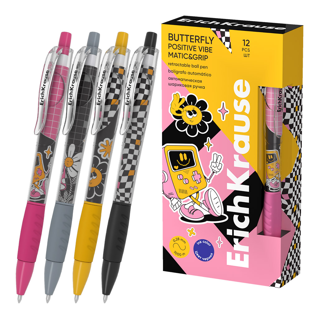 Ручка шариковая автоматическая - Butterfly Matic&Grip Positive Vibe 0.7, Super Glide Tech, цвет чернил синий, в ассортименте