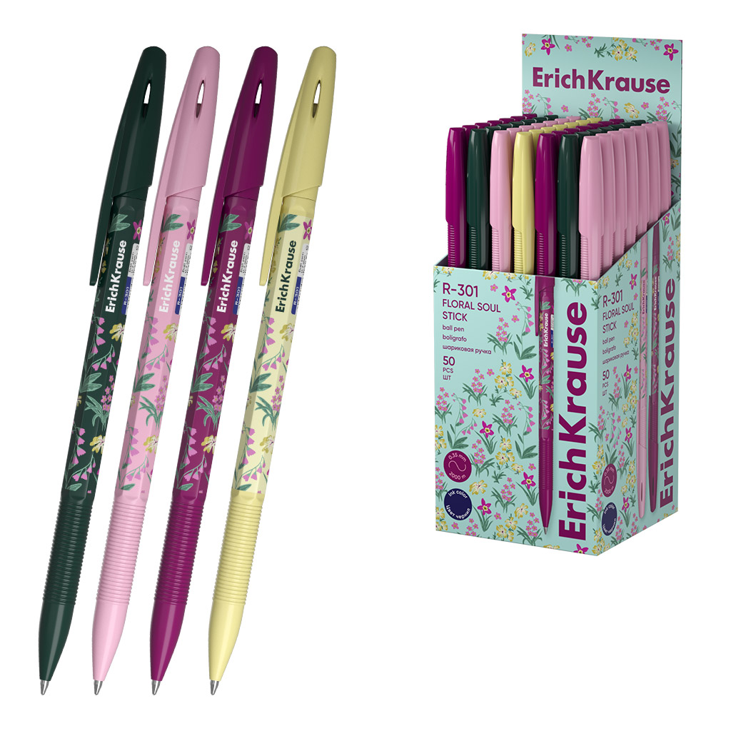 Ручка шариковая - R-301 Stick Floral Soul 0.7, цвет чернил синий, в ассортименте