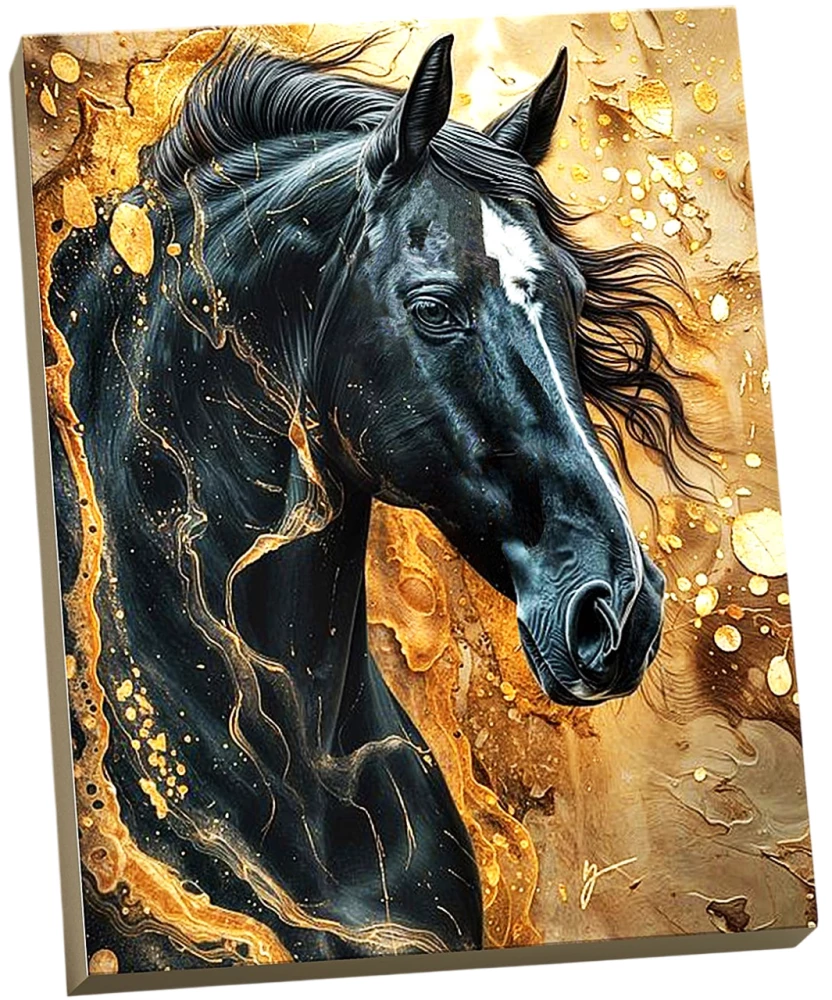 Numbered Painting with Gold Leaf - Black Horse. 17 Colors