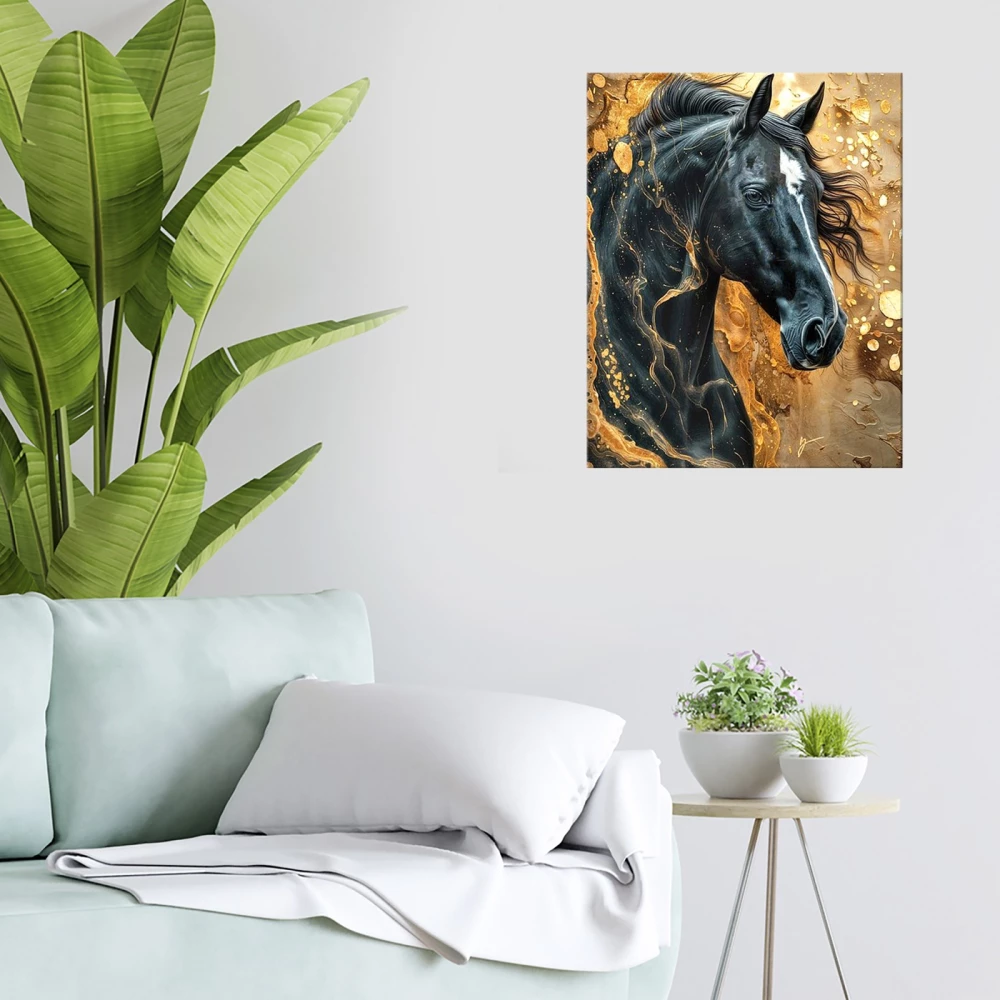 Numbered Painting with Gold Leaf - Black Horse. 17 Colors