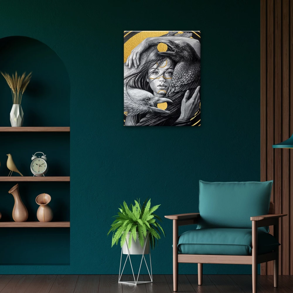 Numbered painting with gilding - Girl and crows. 9 colors