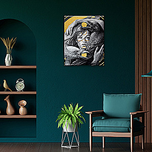 Numbered painting with gilding - Girl and crows. 9 colors