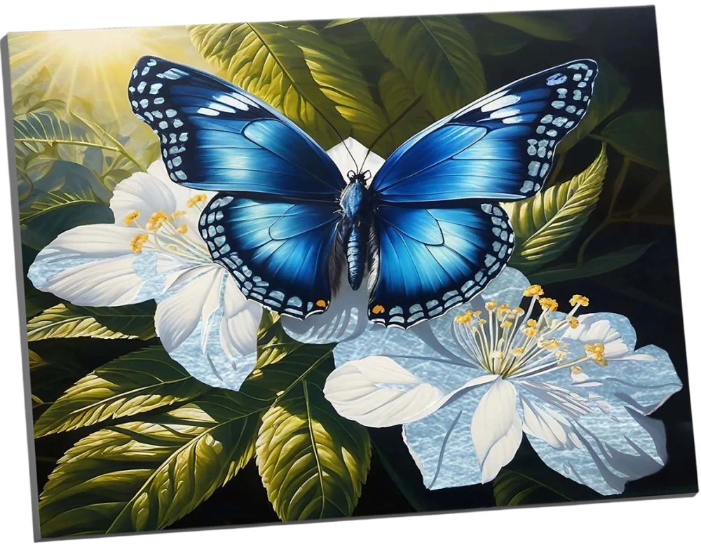Numbered painting with platinum leaf - Butterfly on white flowers, 40x50