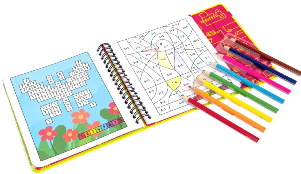 Mini gry w podróży - Kolorowanki-zagadki 2 z kolorowymi kredkami