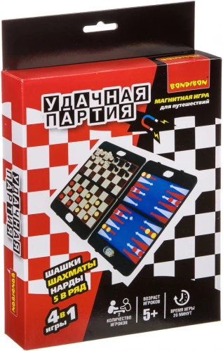 Veiksmīga partija 4in1. Šahs, dambrete, nardi, 5 rindā