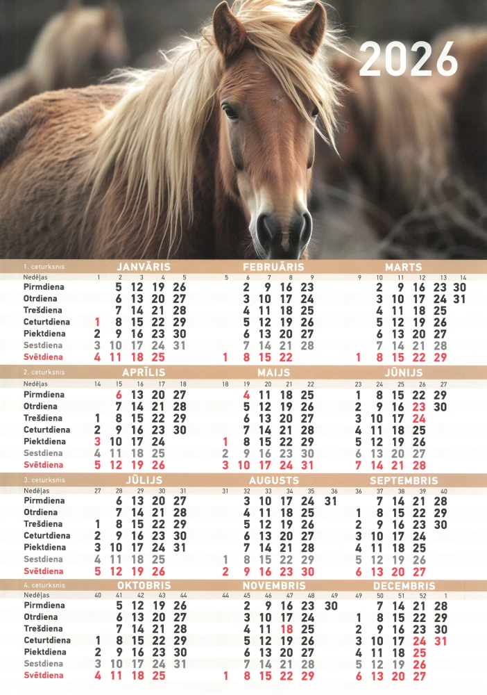Sienas kalendārs 2026. gadam - Zirgus, A5