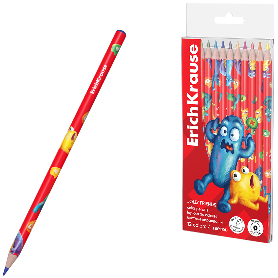 Colored wooden pencils - Jolly Friends round, lead 3 mm, 12 colors