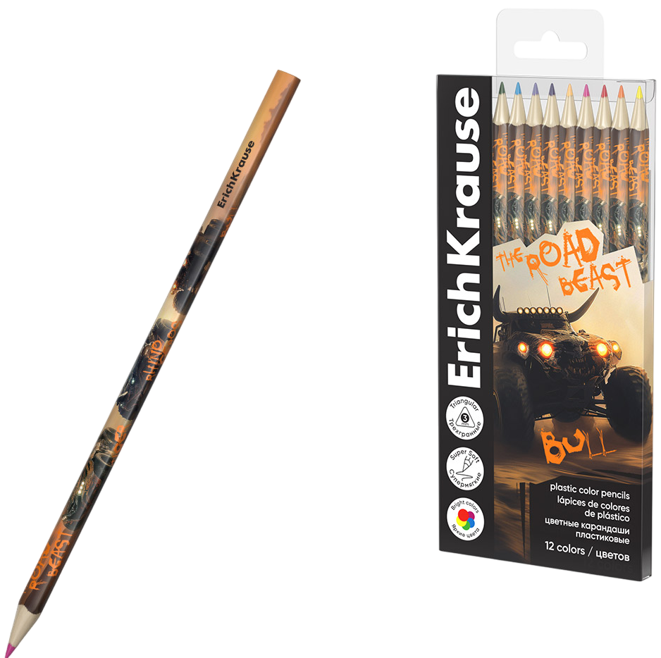Colored Pencils Plastic - Road Beast Triangular, 3 mm Lead, 12 Colors