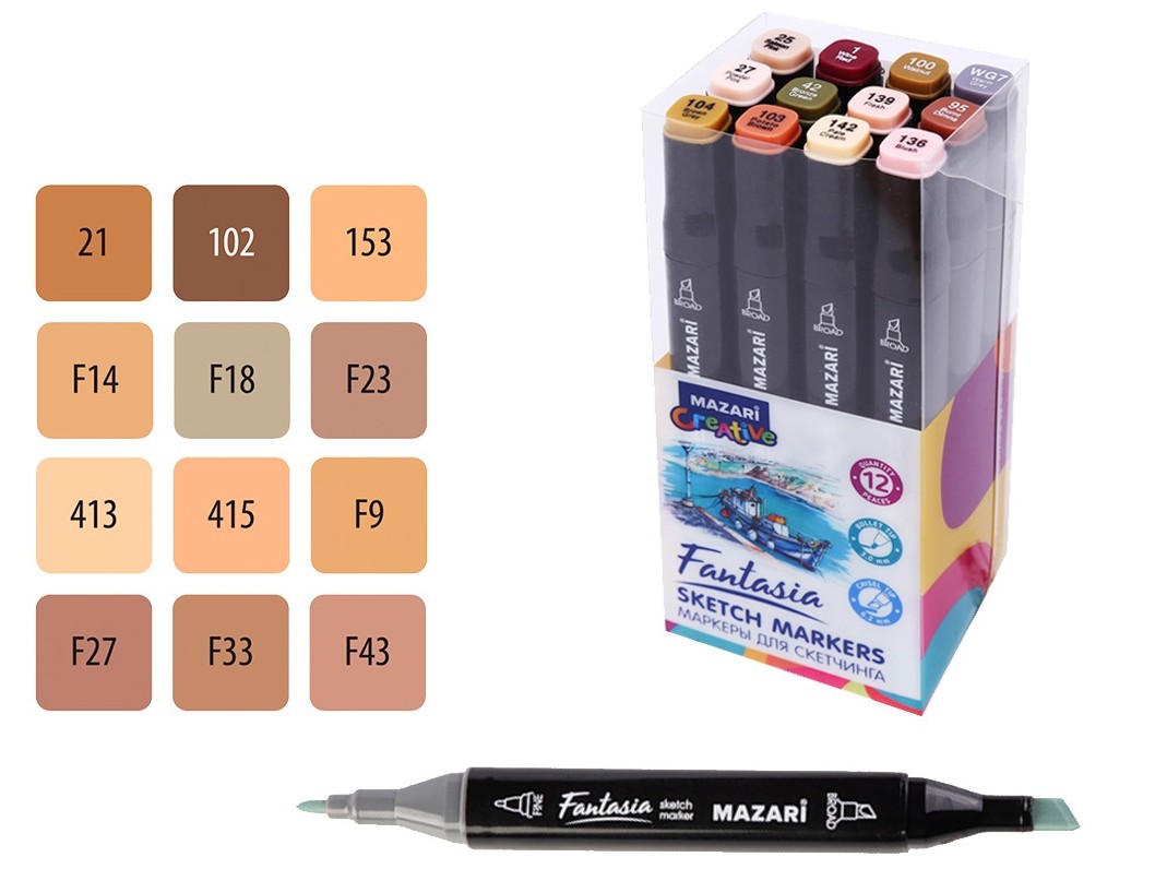 Divpusējie marķieri skicēšanai - Fantasia, 12 krāsas