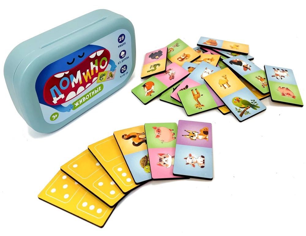 Domino w plastikowym pudełku. Zwierzęta. 28 dwustronnych elementów