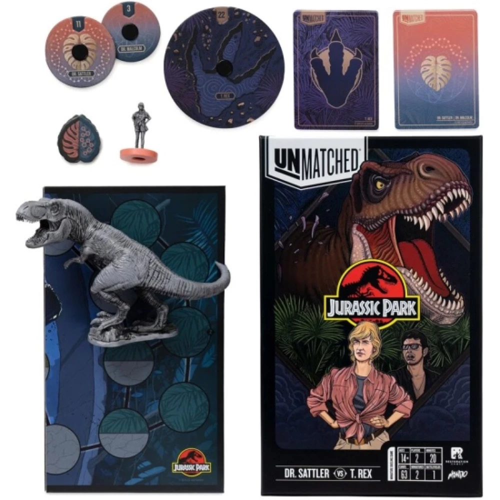 Stalo žaidimas - Unmatched. Jurassic Park. Dr. Sattler vs T. Rex + taisyklės lietuvių kalba