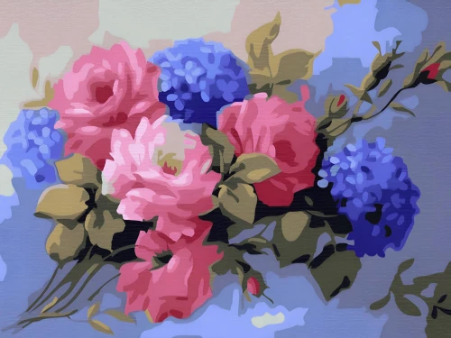 Картина по номерам - Гортензии с розами