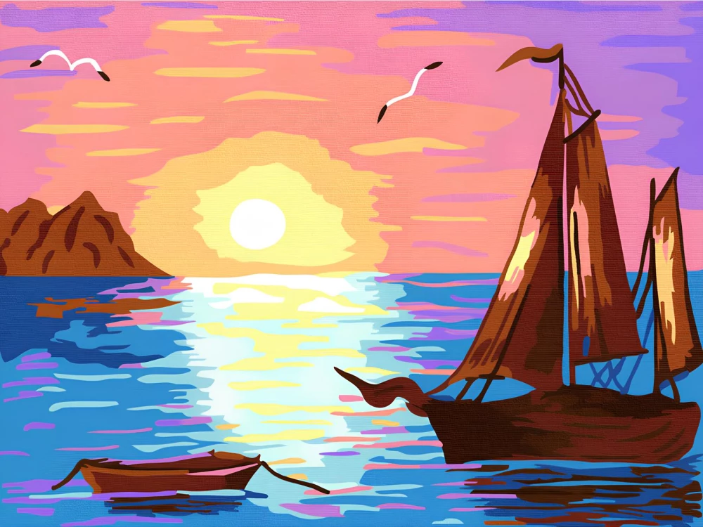 Malen nach Zahlen - Segelboot beim Sonnenuntergang