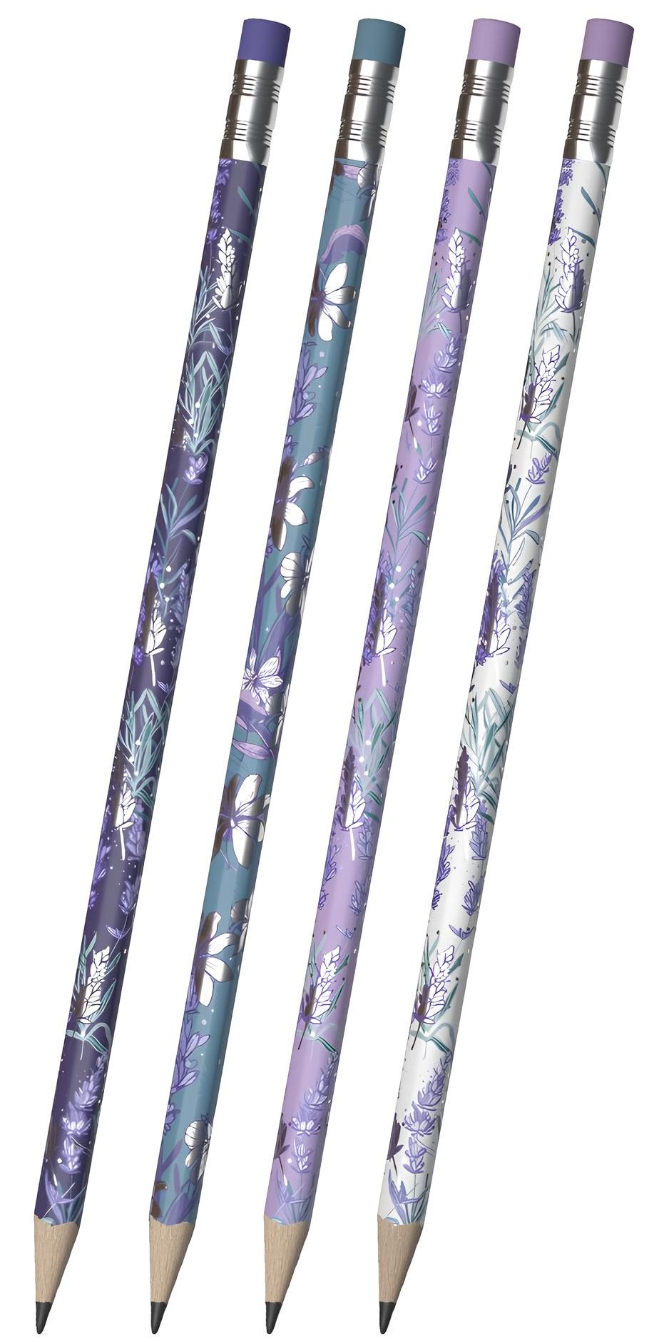 Zīmulis melnā grafīta - Lavender, trīsstūrveida, ar dzēšgumiju, dažādās krāsās