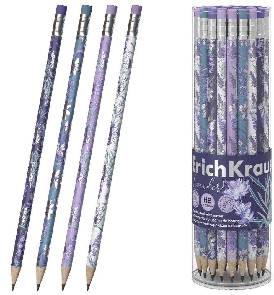 Ołówek grafitowy - Lavender, trójkątny, z gumką, w asortymencie