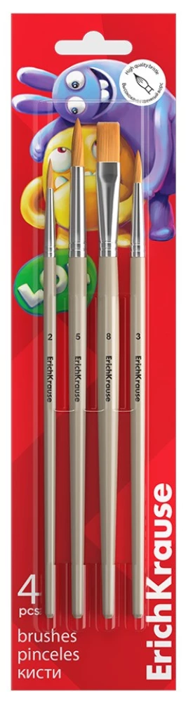 ErichKrause Jolly Friends Brushes for Watercolors and Gouache, Synthetic, 4 Pieces
