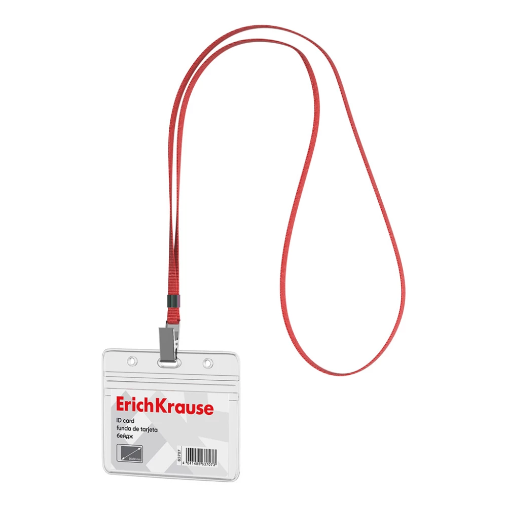 Horizontal badge with ribbon ErichKrause insert size 95x58 mm, transparent, ribbon color red