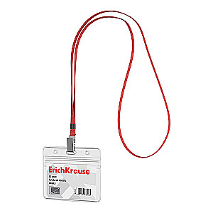 Horizontal badge with ribbon ErichKrause insert size 95x58 mm, transparent, ribbon color red