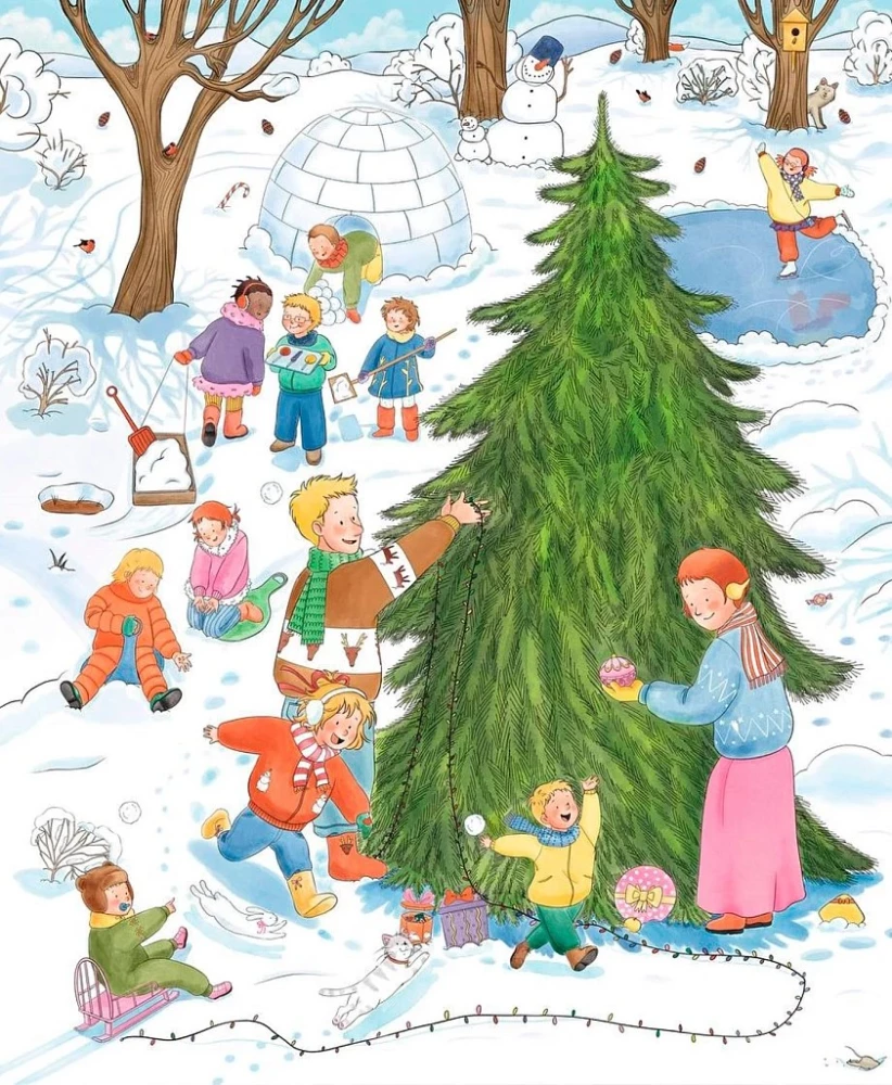 Conni ja Jakob kaunistavad kuuske. Advendikalender väikelastele