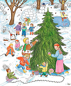 Conni ja Jakob kaunistavad kuuske. Advendikalender väikelastele