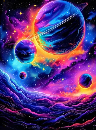 Bild nach Zahlen 40x50 - Leuchtende Tiefen des Universums. Schwarze Leinwand mit leuchtender Farbe