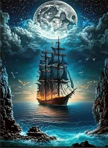 Malerei nach Zahlen mit leuchtender Farbe 40x50 - Schiff im Mondlicht