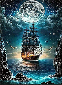 Malerei nach Zahlen mit leuchtender Farbe 40x50 - Schiff im Mondlicht
