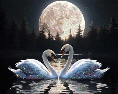 Gemälde nach Zahlen schwarzer Leinwand mit Kristallen aus Kristall 40x50 - Schwanenliebe