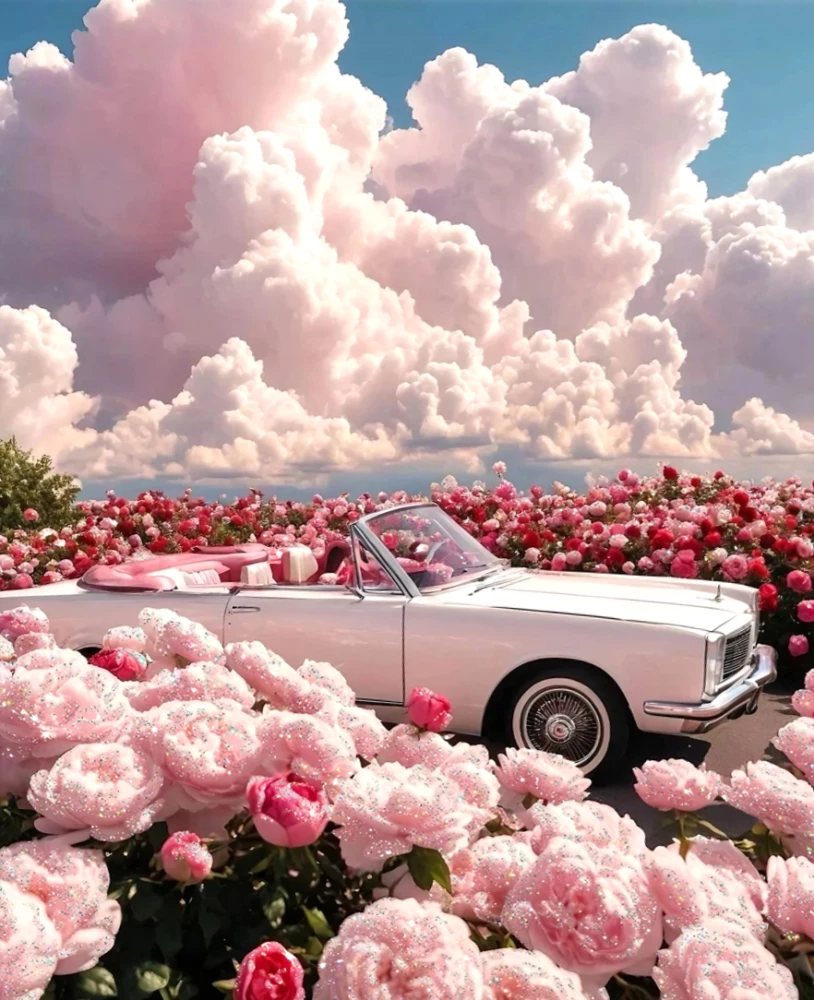 Malerei nach Zahlen mit Kristallen aus Kristall 40x50 - Cabrio in rosa Farben