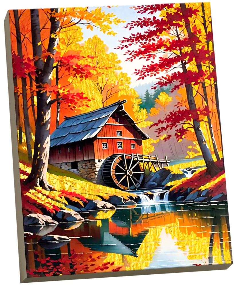Картина по номерам с поталью - Водяная мельница в октябре