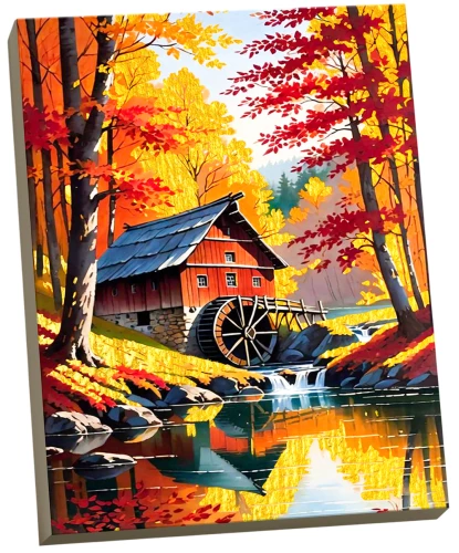 Картина по номерам с поталью - Водяная мельница в октябре