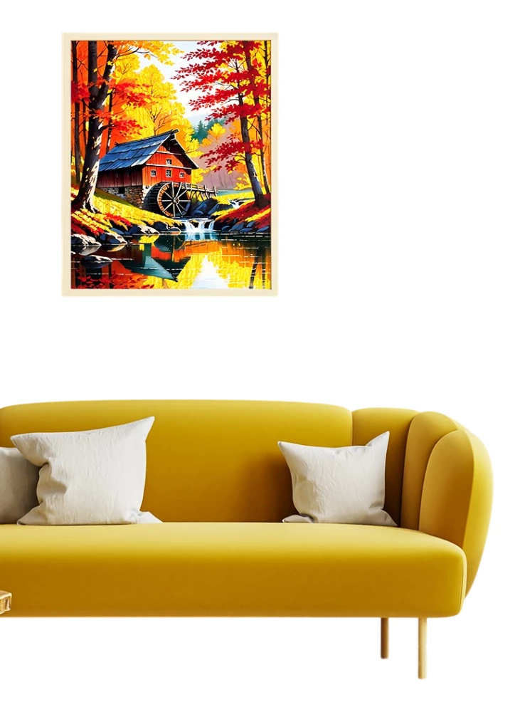 Картина по номерам с поталью - Водяная мельница в октябре