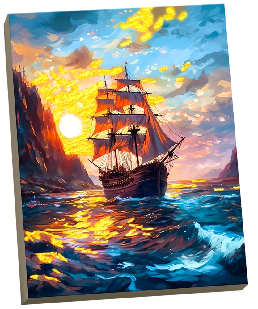Paveikslas pagal numerius su auksiniu folijos sluoksniu - Laivas saulėlydyje