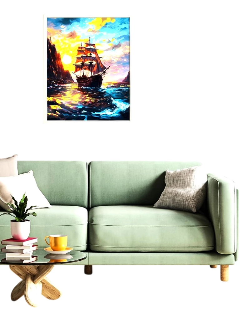 Paveikslas pagal numerius su auksiniu folijos sluoksniu - Laivas saulėlydyje