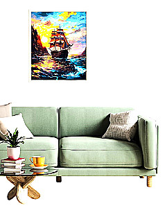 Paveikslas pagal numerius su auksiniu folijos sluoksniu - Laivas saulėlydyje