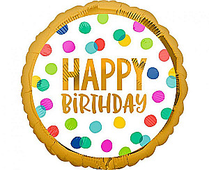 Folienballon - Happy Birthday in bunten Punkten, 46 cm