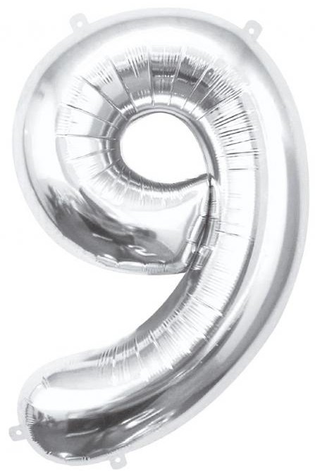 Foil Balloon Number 9, Silver, 85 cm