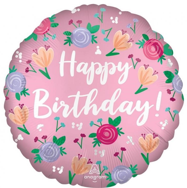Foil balloon Happy Birthday with peonies, 46 cm